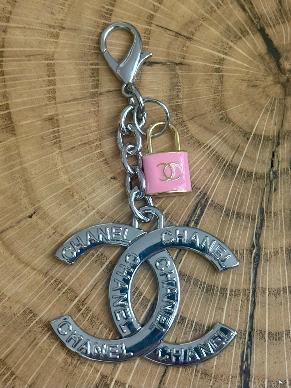 CC CHANEL interlocking logo bag charm and enamel padlock 3.5 inches